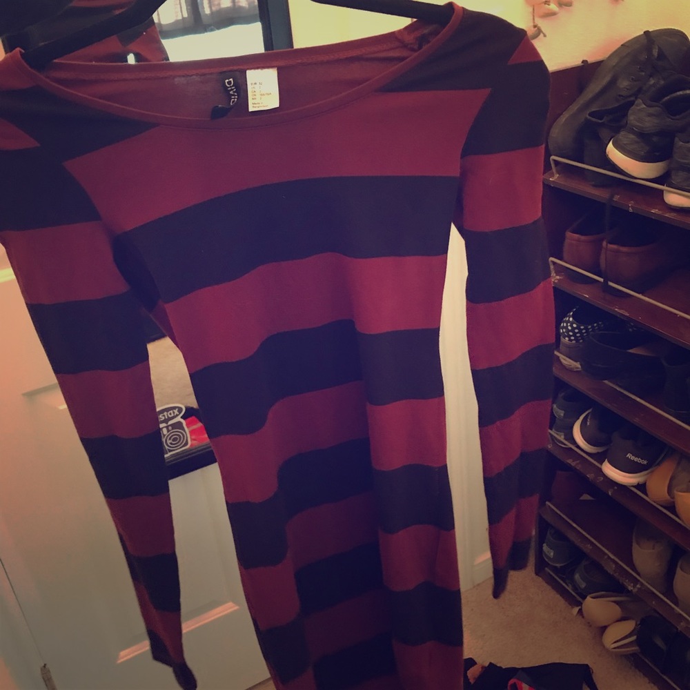 Burgundy/Black Striped Mid Length Dress